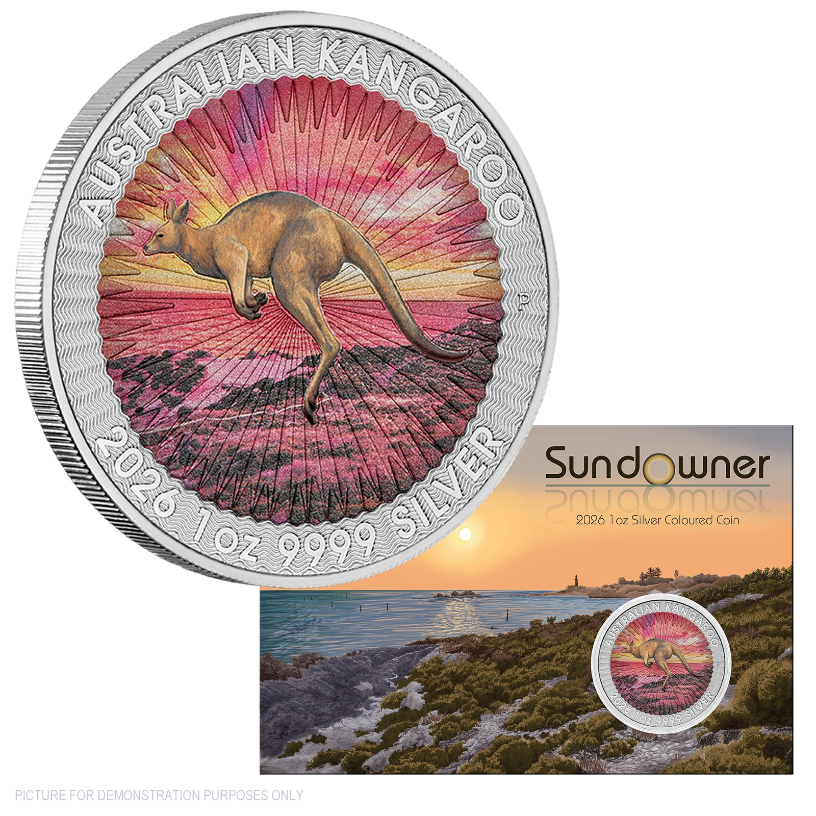 2026 Perth Mint 1oz Silver Coloured Coin in Card - Sundowner Red Kangaroo